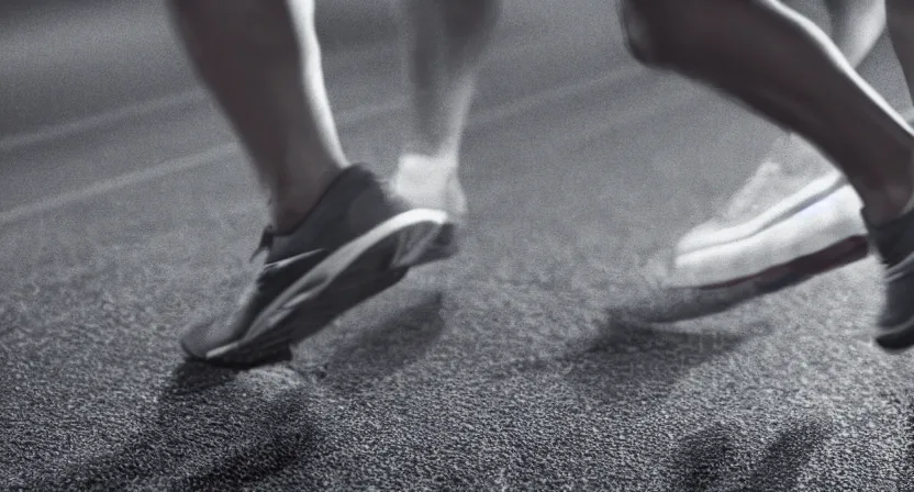 Prompt: close up on worn out running shoes running on a treadmill. cinematic lighting. dark. moody. octane render. subdued grey tones.