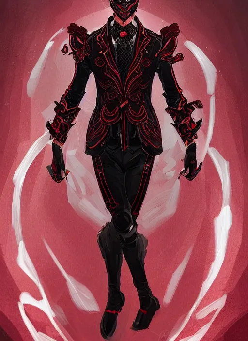 Image similar to a highly detailed illustration of short wavy haired man wearing masquerade and red and black suit, dramatic standing pose, intricate, elegant, highly detailed, centered, digital painting, artstation, concept art, smooth, sharp focus, league of legends concept art, wlop