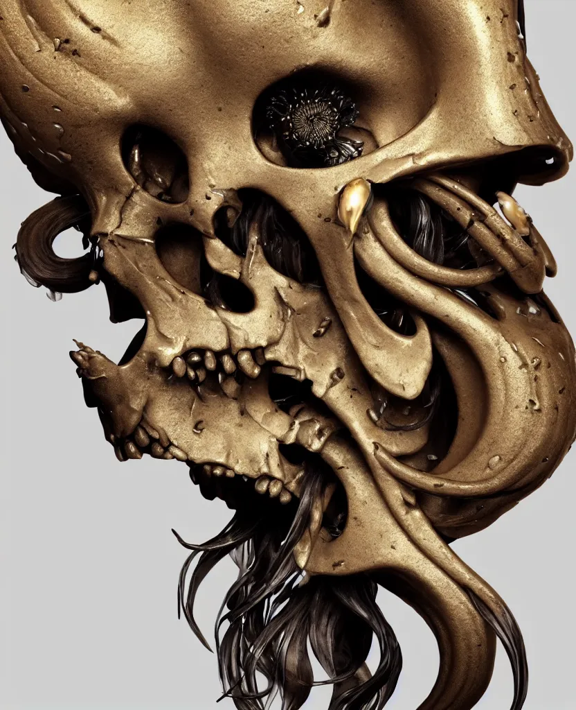 Image similar to goddess princess face close-up portrait ram skull. sculpture made of black clay and gold. jellyfish phoenix head, nautilus, orchid, skull, betta fish, bioluminiscent creatures, intricate artwork by Tooth Wu and wlop and beeple. octane render, trending on artstation, greg rutkowski very coherent symmetrical artwork. cinematic, hyper realism, high detail, octane render, 8k