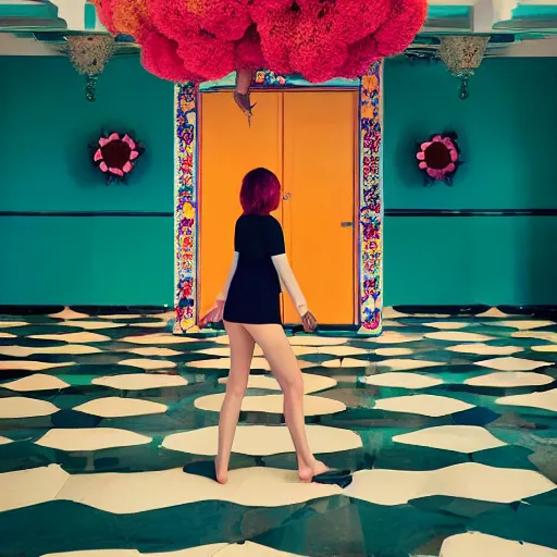 Image similar to giant flower head, full body, girl standing in mid century hotel, surreal, symmetry, bright colors, cinematic, wes anderson
