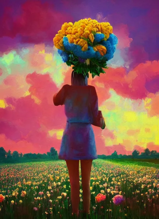 Image similar to woman with a giant carnation head, flower field, surreal photography, sunset dramatic light, impressionist painting, colorful clouds, blue sky, digital painting, artstation, simon stalenhag