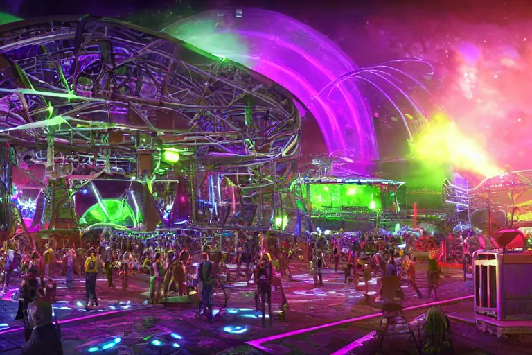 Prompt: an outdoor festival stage with audience, center of the stage is a big futuristic dieselpunk machine with gears and belts and tubes, rock musicians on the stage, laser show, 8 k, fluorescent colors, halluzinogenic, multicolored, exaggerated detailed, unreal engine