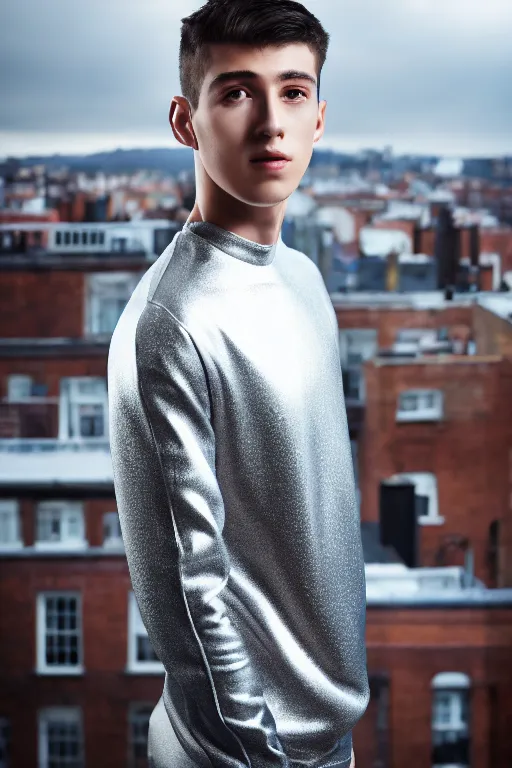 Image similar to un ultra high definition studio quality photographic art portrait of a young man standing on the rooftop of a british apartment building wearing soft padded silver pearlescent clothing. three point light. extremely detailed. golden ratio, ray tracing, volumetric light, shallow depth of field. set dressed.