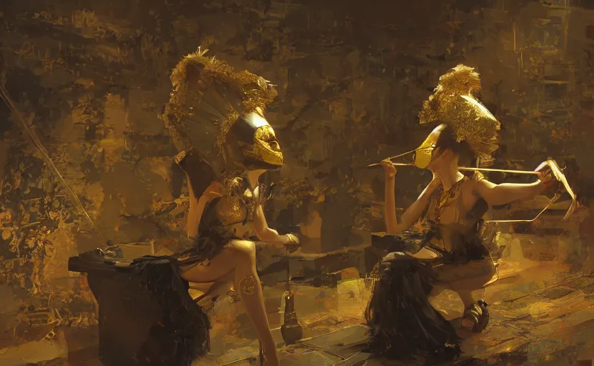 Prompt: craig mullins and ghibli digital art of on the stage of the theater, a masked female violinist performs solo, dressed in exotic costumes, gold jewelry, and black hair realistic shading, cinematic composition, realistic render, octane render, detailed textures, photorealistic, wide shot