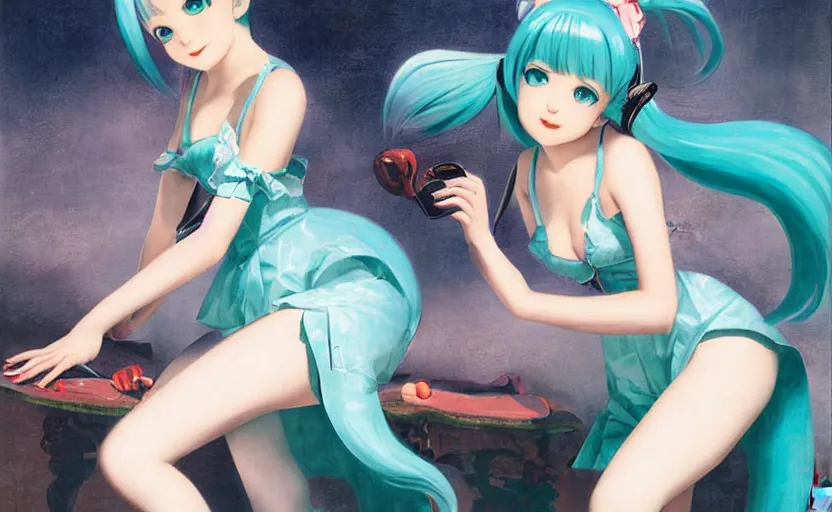 Image similar to Hatsune Miku by Gil Elvgren