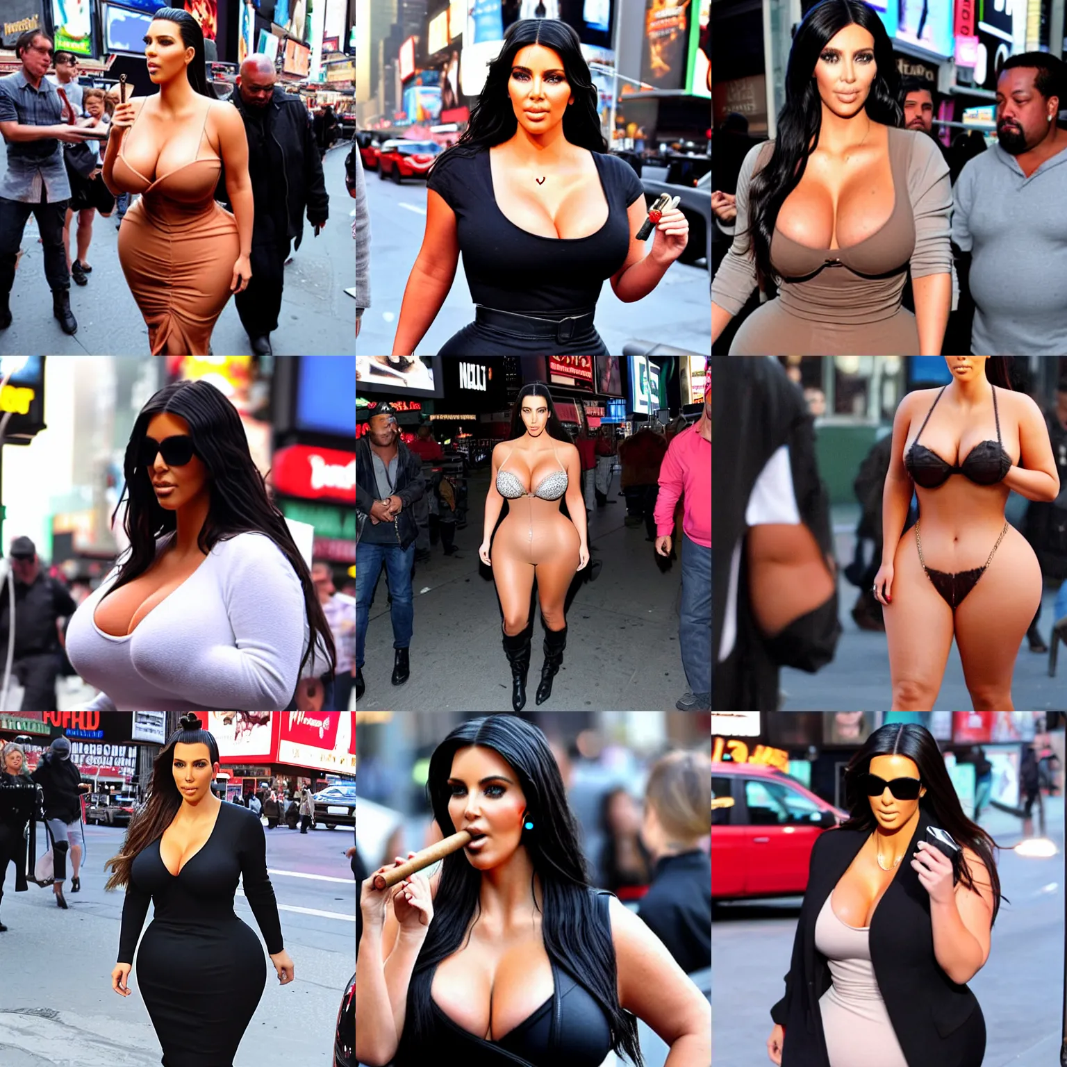 Prompt: tabloid Photograph of bbw kim kardashian in times square smoking a cigar