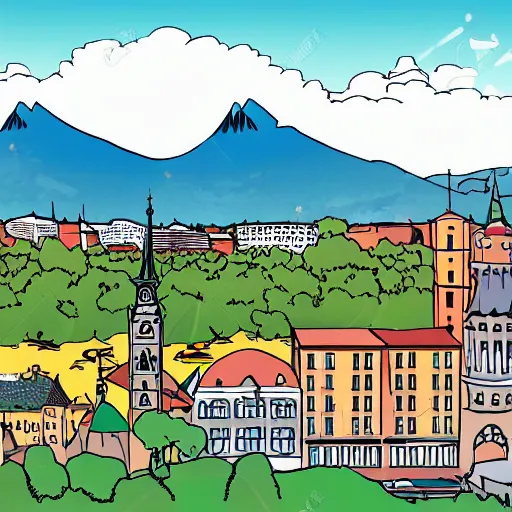 Prompt: munich against a background of mountains sunny hot weather comic style