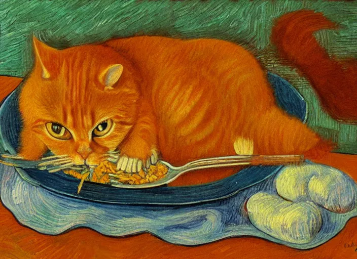 Image similar to detailed realistic realism painting of orange tabby cat eating lasagna at dusk, in the style of vincent van gogh and salvador dali and leonardo da vinci