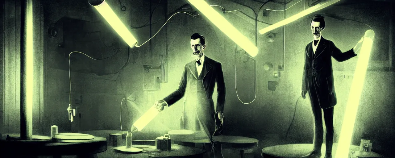 Image similar to duotone dark illustration 3 / 4 portrait of nikola tesla with wireless lightbulbs conducting experiments in wardenclyffe tower. cinematic lighting. golden ratio accidental renaissance. by sachin teng and sergey kolesov and ruan jia and heng z. graffiti art, scifi, fantasy, hyper detailed. octane render. concept art. trending on artstation