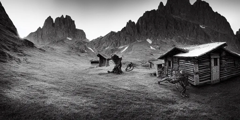 Image similar to photography of an old alpine hut, hay monster crawling out the door, alp, dolomites, alpine, detailed intricate insanely detailed octane render, 8k artistic 1920s photography, photorealistic, black and white, chiaroscuro, hd, by David Cronenberg, Raphael, Caravaggio