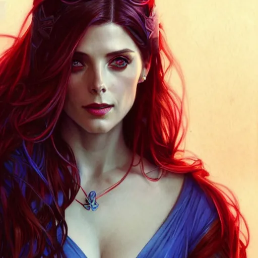 Image similar to Ashley Greene with blue hair as Scarlet Witch, western, D&D, fantasy, intricate, elegant, highly detailed, digital painting, artstation, concept art, matte, sharp focus, illustration, art by Artgerm and Greg Rutkowski and Alphonse Mucha