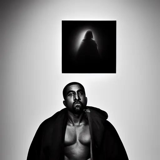 Image similar to a chiaroscuro lighting portrait of kanye west dressed as rick owens, black background, portrait by julia margaret cameron, shallow depth of field, 8 0 mm, f 1. 8