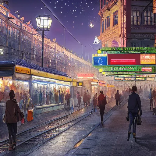 Image similar to ultra realistic illustration and highly detailed digital render of a intricate busy street by the central railway station, inside helsinki, finland, 2 0 2 2, by greg rutkowski and makoto shinkai, nighttime, dark sky, twinkly stars, amazing sky, migrating birds in the sky, colorful street lamps along road, natural stone road, asian style vendors