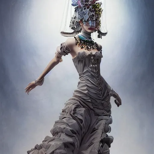 Image similar to A masterpiece portrait of a Incredibly beautiful futuristic high fashion queer model girl with a large luxurious Victorian necklace made of electronical trash. Rococo dress from steel. trending on artstation, digital art, by Stanley Artgerm Lau, WLOP, Rossdraws, James Jean, Andrei Riabovitchev, Marc Simonetti, Yoshitaka Amano