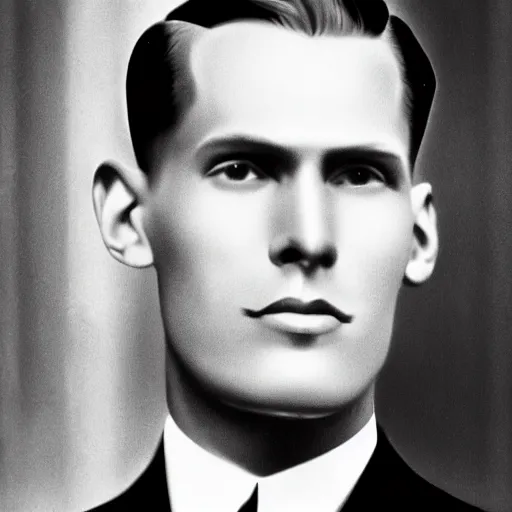 Image similar to A photograph portrait of Jerma985 wearing a suit with short slicked hair in the early 1930s, taken in the early 1930s, grainy, taken on a early 1930s Kodak Camera, realistic, hyperrealistic, very realistic, highly detailed, very detailed, extremely detailed, detailed, digital art, trending on artstation