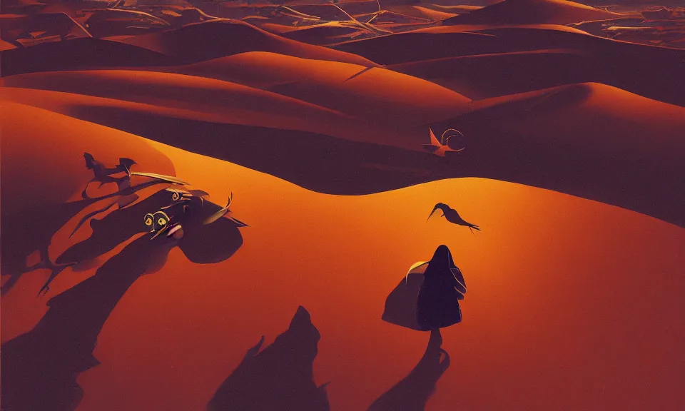 Image similar to digital art, birds eye view, berber witch over the desert at night, by syd mead, syd mead color scheme, sci - fi, arik roper, kirby krackle, concept art