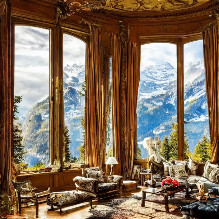 Image similar to photo of a fantastical living room with switzerland landscape in the window in the style of maximalism