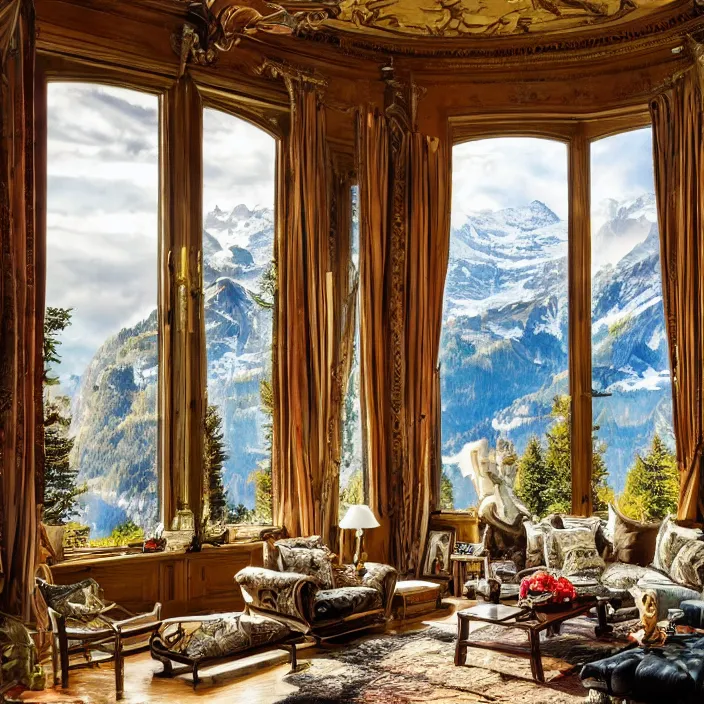 Prompt: photo of a fantastical living room with switzerland landscape in the window in the style of maximalism