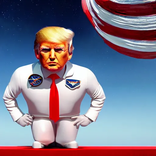 Prompt: Donald Trump with astronaut body, realistic artstyle, wide shot, dramatic lighting, octane render, hyperrealistic, high quality, highly detailed, HD, beautiful, cinematic, 8k, unreal engine, facial accuracy, symmetrical