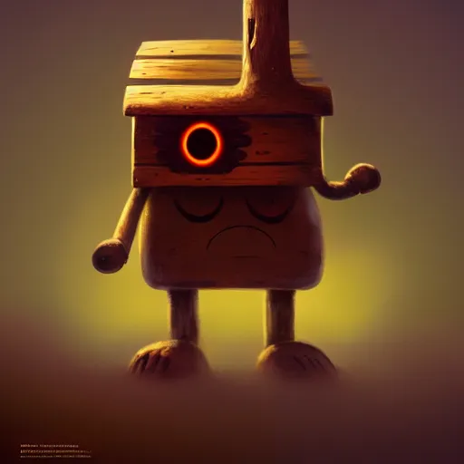 Image similar to a walking cute wood house with two mechanical legs and two glowing eyes and a mouth, rust, hyperrealistic, pareidolia, highly detailed, cinematic, single ray of sun, fog, beautiful, cgssociety, artstation, 8 k, oil painting