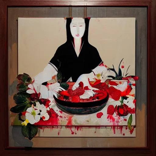 Prompt: “art in an Australian artist’s apartment, portrait of a woman wearing stained white cotton cloth, stained by fresh raspberries and strawberries and blueberries, white wax, edible flowers, Japanese pottery, Australian native white and red flowers ikebana, black walls, acrylic and spray paint and oilstick on canvas”