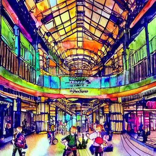 Prompt: terminal 2 1 in bangkok. steampunk and magical colors. watercolor.