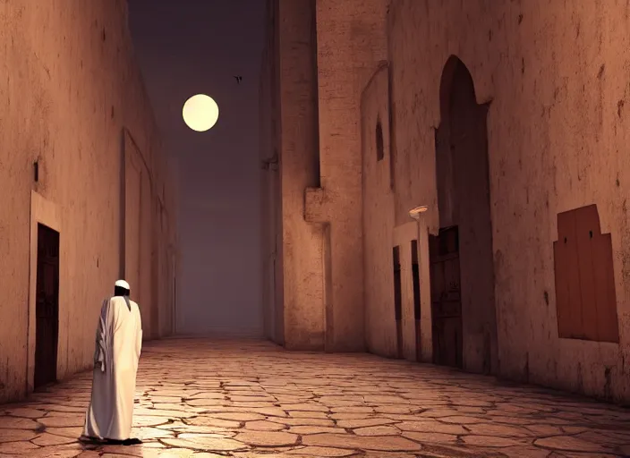 Image similar to old jeddah city alley, magical time gate to another dimension, a man wearing a white robe standing watching over, dramatic lighting, dawn, by caspar david friedrich, unreal engine 5