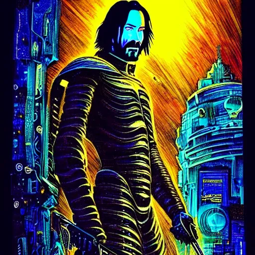 Prompt: keanu reeves as cyberpunk shiva knight, atmospheric lighting, painted, intricate, golden and blue hour, ultra detailed by philippe druillet