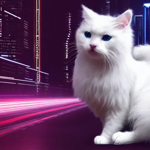 Prompt: a white fluffy cat dressed in cyberpunk aesthetics. 4k high quality exquisite.