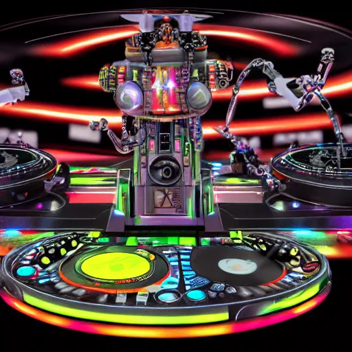 Prompt: album art, text : roborock, 3 steampunk robot drones with robot arms on a dj desk with a cd mixer, 8 k, flourescent colors, halluzinogenic, multicolored, exaggerated detailed, front shot, 3 d render, octane