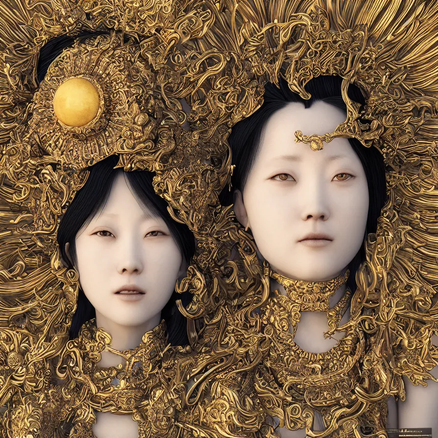 Image similar to hyper realistic portrait photo of ameterasu the sun goddess of japan, portrait shot, intricate detail, octane render