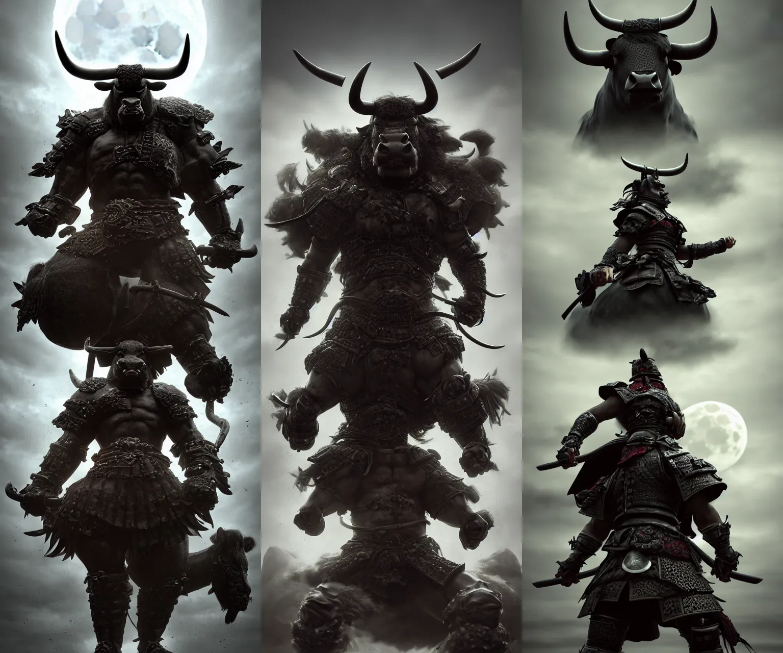 Prompt: anthropomorphic, half man half angus bull, black bull samurai, Moon Bull Samurai, epic, samurai, stunning 3d render inspired art by Renato muccillo and Andreas Rocha and Johanna Rupprecht + symmetry + natural volumetric lighting, 8k octane beautifully detailed render, post-processing, highly detailed, intricate complexity, epic composition, magical atmosphere, cinematic lighting + masterpiece, trending on artstation