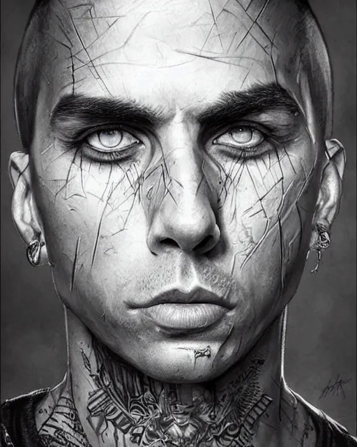 Image similar to travis barker, hyper realistic face, beautiful eyes, fantasy art, in the style of greg rutkowski, intricate, hyper detailed, smooth