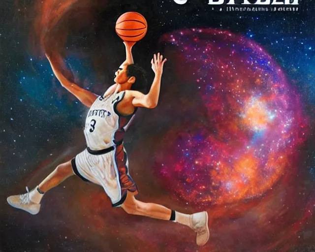 Image similar to cosmic basketball player dunking a basketball hoop in a nebula, an oil painting, by ( leonardo da vinci ) and greg rutkowski and rafal olbinski ross tran award - winning magazine cover