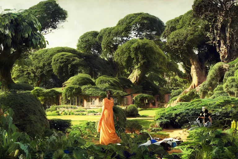 Image similar to illustration of elegant black woman watching spacecraft land in garden of english country mansion, baobab trees, distant town in valley and hills, by norman rockwell, jack kirby, john berkey, bergey, craig mullins, ruan jia, raymond swanland, jeremy mann, tom lovell, morgan weistling, carl spitzweg