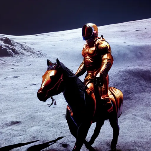 Prompt: A hyper real comic book style portait painting of the Terminator riding a horse on the moon, unreal 5, hyperrealistic, octane render, cosplay, RPG portrait, dynamic lighting