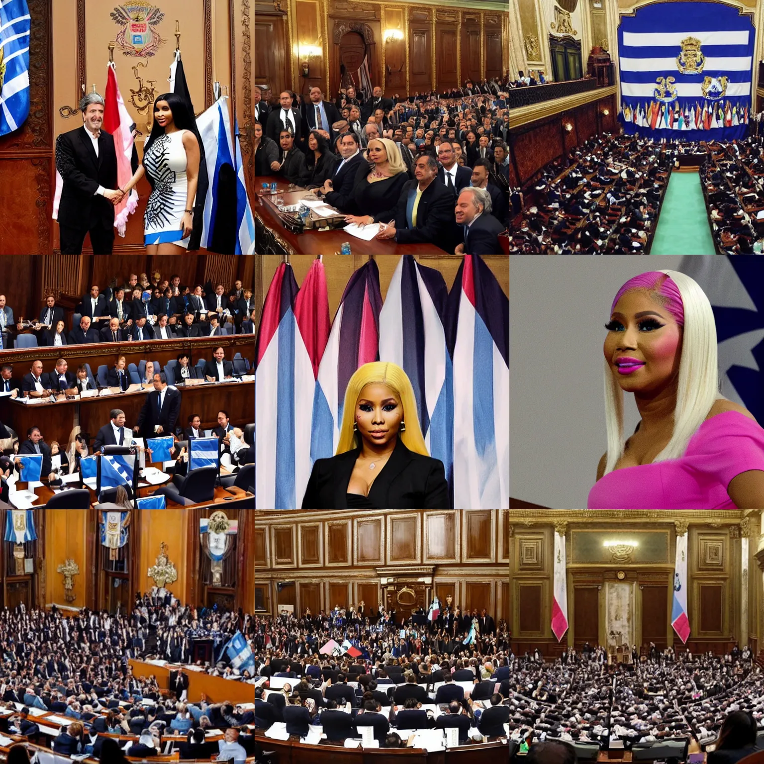 Image similar to Nicki Minaj president of Argentina, in the Argentine Congress, flags of Argentina behind, detailed picture