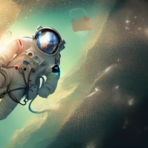 Image similar to an astronaut floating in the middle of deep water being hit by sun rays, trending on art station, atmosphere, concept art, photorealistic, high detailed