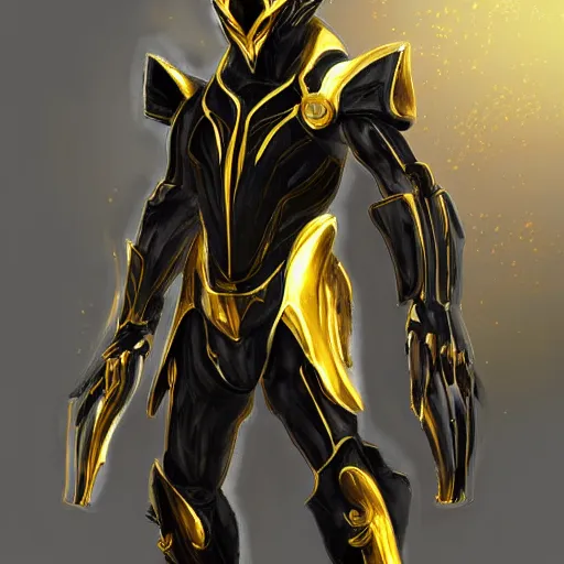 Image similar to black and gold warframe armor cinematic detailed photorealistic digital artwork digital painting