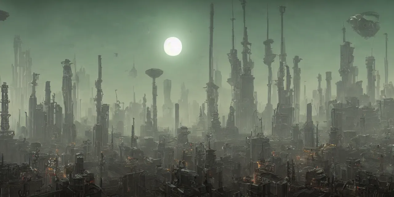 Image similar to a big city like coruscant and rupture farms from oddworld, with green smog sky, tall metal towers, a big moon in the sky, flying vehicles, factories, smoke, in the style of soviet realism