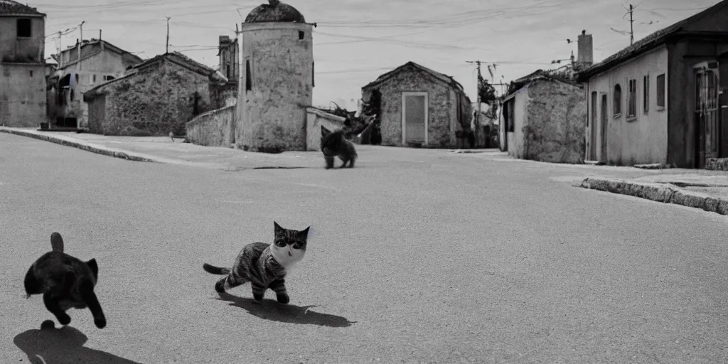 Prompt: photography of a cat running away with mortadella in his mouth with trullo houses in the background, photoreal, 3 5 mm, award winning photography