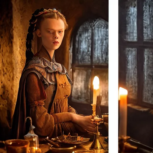 Image similar to frida gustavsson wearing 1 8 th century stay in a medieval tavern at night with candles, wow 4 k detail fantasy, matte painting, realistic materials, photo realistic, postprocessing, cinematic, hyperrealistic, studio lighting, ekaterina, the tudors, photography by richard jenkins