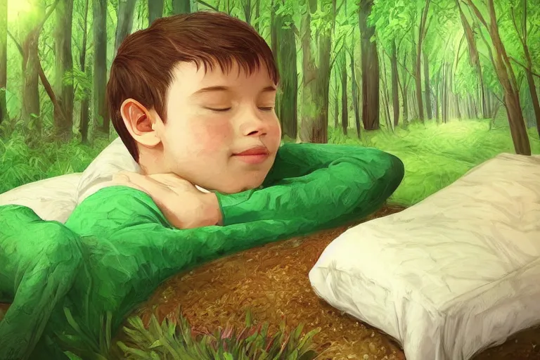 Prompt: a beautiful illustration of a little cute boy on his bed dreaming about a beautiful green forest, detailed face, beautiful colors, digital art