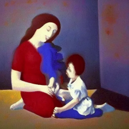 Prompt: A beautiful painting harmony of colors, simple but powerful composition. A scene of peaceful domesticity, with a mother and child in the center, surrounded by a few simple objects. Colors are muted and calming, serenity and calm. deep red, charming, YouTube by Yves Klein vfx, control the soul