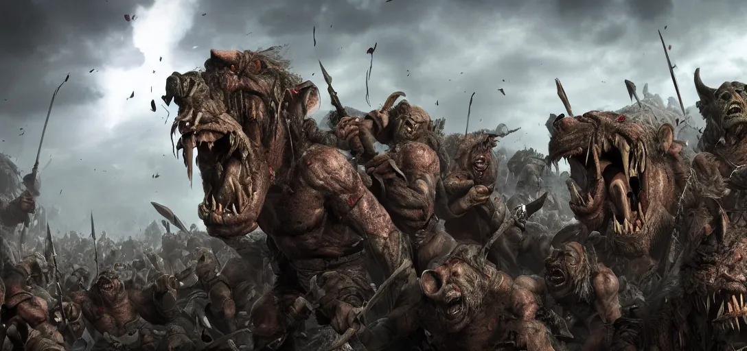 Image similar to army of orcs and goblins, high detail, hd 8 k cinematic, photorealistic, dramatic lighting