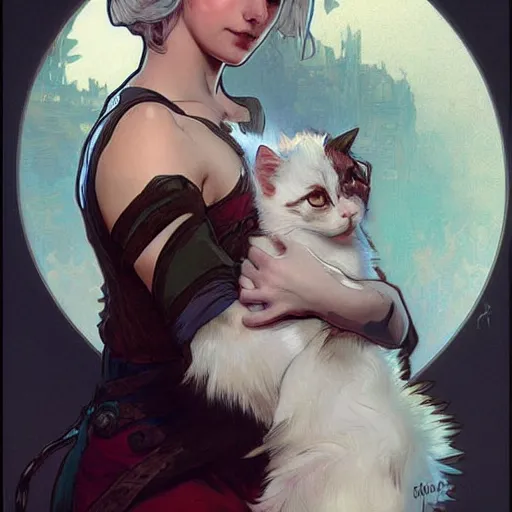 Image similar to Ciri holding a cat, beautiful lighting, expressive comic art, trending on artstation, digital art, by Alphonse Mucha, highly detailed