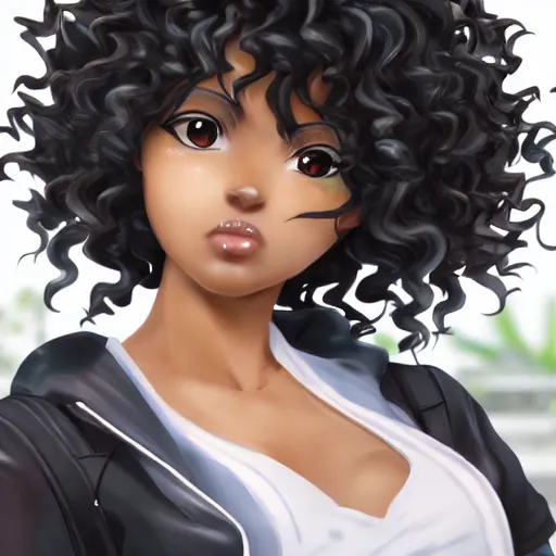 Prompt: A brown skinned woman with black curly hair as an anime character, highly detailed, cg society