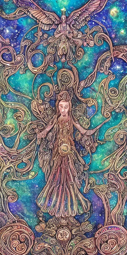 Image similar to intricate colourfully painted carved Soapstone relief paneling, iridescent, pearl and pale blue toned, celestial, cosmos, galaxies, planets, divinity, moon goddess, mother earth, Earth Goddess mythology, Gaia, angels, dream atmosphere, bright colors, vivid colors, Ghostly, crystaline celtic, insanly detailed , artstation, wallpaper, hyper realistic, realistic lighting