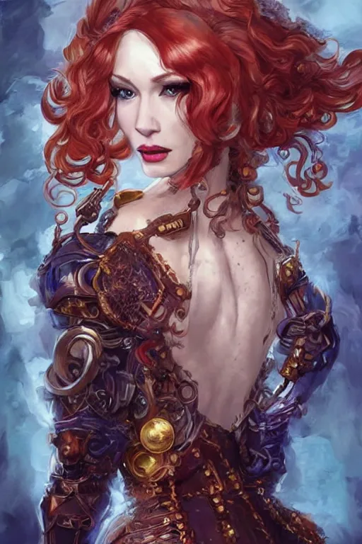 Image similar to portrait from back of Christina Hendricks as a sensual Lady Mechanika, very beautiful young woman, ginger wavy hair, Intricate, steampunk imagery themed, D&D!, fantasy style, sharp focus!, ultra detailed, art by Artgerm and Peter Andrew Jones, WLUP