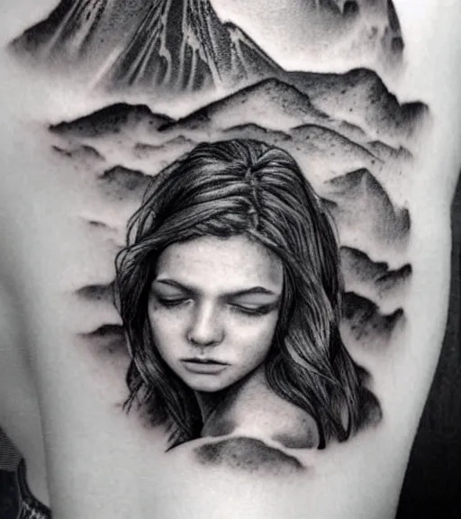 Image similar to a beautiful girl portrait, faded mountain background, realism tattoo, in the style of den yakovlev, black and white, hyper realistic, highly detailed